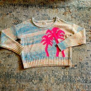 Anthropologie Multicolor Crew Neck Sweater with Pink Palm Trees
